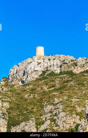 Alten Aussichtsturm der Talayot de Almallutx, Cap de Formentor, Mallorca, Balearen, Spanien, Europa Stockfoto