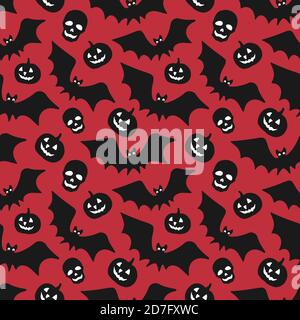 Handgezeichnete Vektor-Illustration von Halloween. Nahtloses Muster mit Kürbissen, Schädeln, Geistern, Fledermäusen, Ballons und Spinnen. Für den Druck, Textilien, Packa Stock Vektor