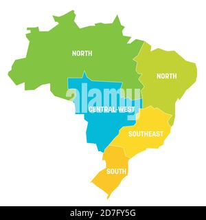 Bunte politische Landkarte von Brasilien. Staaten teilen sich durch Farbe in 5 Regionen. Einfache flache Vektorkarte mit Beschriftungen. Stock Vektor