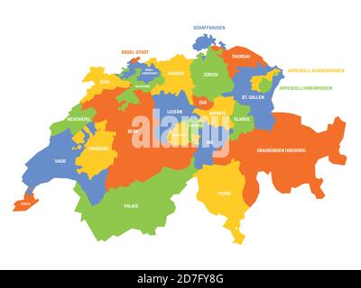 Bunte politische Landkarte der Schweiz. Verwaltungsabteilungen - Kantone. Einfache flache Vektorkarte mit Beschriftungen. Stock Vektor