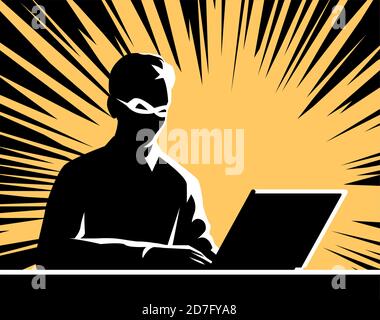 Männlicher Hacker an einem Laptop. Dunkle Silhouette mit einem unheilvollen Gesicht. Vektorgrafik. Stock Vektor