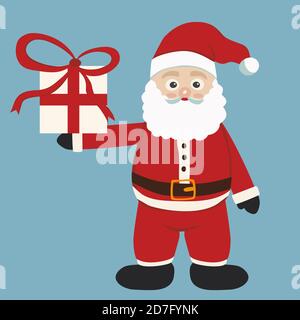 Niedlicher Weihnachtsmann mit einer Geschenkbox mit einem roten Band in der Hand isoliert auf blauem Hintergrund. Weihnachts- und Neujahrskonzept Stock Vektor