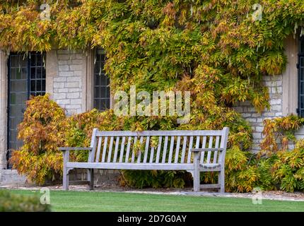 Sandsteinhaus mit Gartenbank, im hübschen Dorf Biddestone bei Chippenham in den Cotswolds, Wiltshire UK. Fotografiert im Herbst. Stockfoto