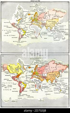 X Weltkarte um 1700 n. Chr., XI Weltkarte um 1800 n. Chr., Illustration, Ridpaths Weltgeschichte, Band III, von John Clark Ridpath, LL. D., Merrill & Baker Publishers, New York, 1897 Stockfoto