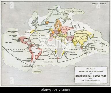 Karte XIV mit dem Fortschritt des Geographischen Wissens vom 14. Bis 19. Jahrhundert, Illustration, Ridpath's History of the World, Band III, von John Clark Ridpath, LL. D., Merrill & Baker Publishers, New York, 1897 Stockfoto