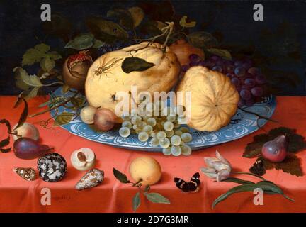 Fruchtstillleben mit Muscheln und Tulpe - Balthasar van der Ast, 1620 Stockfoto