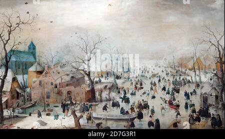 Winterlandschaft mit Eisläufern - Hendrick Avercamp, 1608 Stockfoto