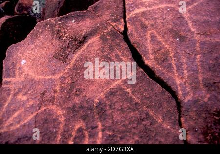 Felsmalerei der Aborigines, ca. 2000 Jahre alt, Pilbara, Nordwestaustralien Stockfoto