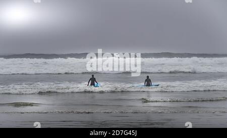 Surfer gehen in die Wellen im dichten Nebel, um in Cox Bay im Pacific Rim National Park auf Vancouver Island, British Columbia, Kanada zu surfen Stockfoto