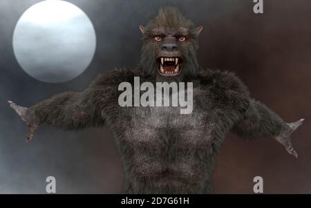 Lycan Werewolf vor dem Hintergrund des Vollmondes 3d Abbildung Stockfoto