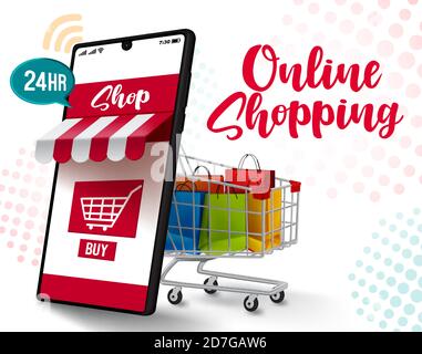 Online-Shopping Vektor Verkauf Banner Design. Online-Shopping-Text mit Smartphone, Warenkorb und Papiertüte Elemente für den Kauf und Verkauf von Internet-Service Stock Vektor