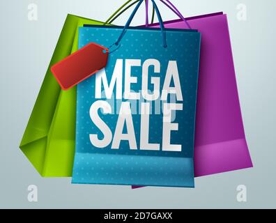 Mega Verkauf Vektor Banner Konzept Design. Mega Sale Text mit 50% Rabatt Preisschild in Papiertüte Elemente für den Einkauf Rabatt bieten Werbung Stock Vektor