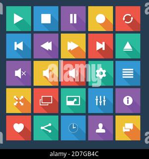 Media Player flache Vektor-Symbole mit langen Schatten. Stock Vektor