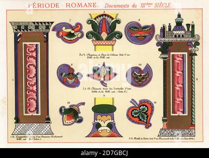 Initialen, Gestaltungselemente und Kapitelle aus Dokumenten aus der Römerzeit, 12. Jahrhundert. Aus einem Neuen Testament, dem Großen Canterbury Psalter, Bibel, etc. Periade Romane. Dokumente von XIIeme Siecle. 1,2 Kompositionen tirees d’un Nouveau Testament Bib. Nat. (Latein), 3,4 chapiteau et base de colonne Bible Bib. Nat.,5,6 motides de cadres manuscrit Latin 8846, Psautier de Canterbury, 7-13 Initiales d’une Bible Latin 8. Chromolithographie von Ernst Guillot aus Elements d’Ornementation pour l’Enluminure (Elemente der Illumination), Renouard, Paris, 1890. Stockfoto