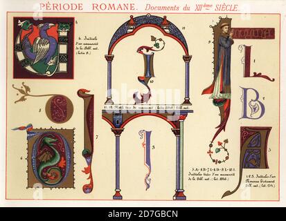 Initialen mit Vogel, Drache, Mönch, Gestaltungselemente und Rahmen aus Dokumenten aus der Römerzeit, 12. Jahrhundert. Aus einem Neuen Testament, der große Canterbury Psalter, lateinische Manuskripte, etc. Periade Romane. Dokumente von XIIeme Siecle. 1-3 Nouveau Testament Latin 254, 4 manuscrit Latin 8, Latz. NAT., 5-12 manuscrit Latein 8846. Chromolithographie von Ernst Guillot aus Elements d’Ornementation pour l’Enluminure (Elemente der Illumination), Renouard, Paris, 1890. Stockfoto