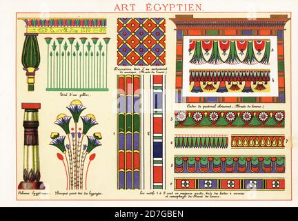 Gestaltungselemente und Motive aus der altägyptischen Kunst. Aus Säulen, Säulen, einem Blumenstrauß auf einem Hypogeum, Musikinstrumenten, Mumiensärgen und Sarkophagen im Louvre. Tire d’un pillier, Colonne Egyptienne, Bouquet peint tire des hypogees, Instrument de musique, cadre de pectoral cloisonne, boites a momies et sarcophages du Musee du Louvre. Chromolithographie von Ernst Guillot aus Elements d’Ornementation pour l’Enluminure (Elemente der Illumination), Renouard, Paris, 1890. Stockfoto