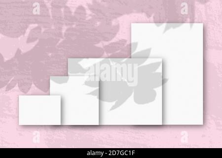 Mehrere horizontale und vertikale Blätter aus weißem strukturiertem Papier vor einem rosa Wandhintergrund. Mockup mit einer Überlagerung von Pflanzenschatten. Tageslicht Stockfoto