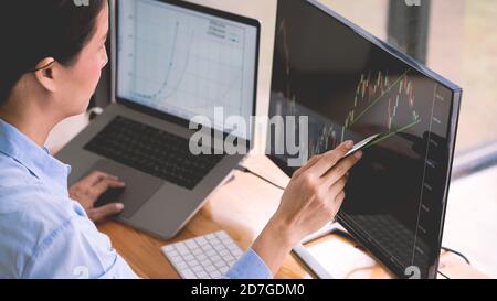 Börsenmakler in formalwear Analyse von Grafiken auf Bildschirmen im Büro, Investitionskonzept Stockfoto