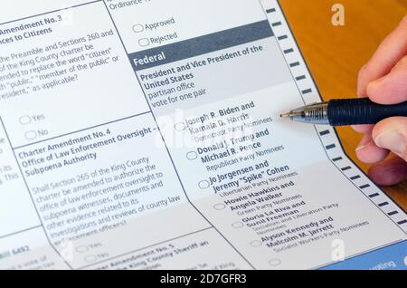 Ein Wähler betrachtet die Entscheidungen für das Amt des Präsidenten und des Vizepräsidenten der Vereinigten Staaten in einer offiziellen Abstimmung. Stockfoto