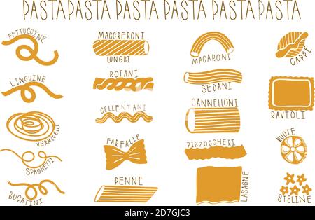 Handgezeichnete Pasta-Set. Verschiedene Variation Macaroni Doodle handgezeichnete Sammlung. Stock Vektor