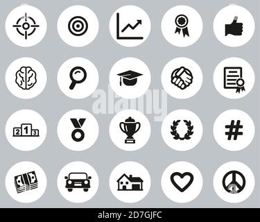 Ziel & Aspiration Icons Schwarz & Weiß Flat Design Circle Groß Einstellen Stock Vektor