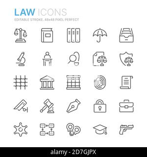 Sammlung von Gesetzen und Gerechtigkeit Linie Symbole. 48 x 48 Pixel perfekt. Bearbeitbare Kontur Stock Vektor