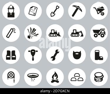 Gold Rush Oder Gold Mining Icons Black & White Flat Design Kreis Set Groß Stock Vektor