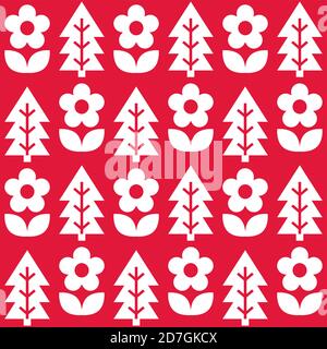 Floral skandinavische Weihnachten Volkskunst nahtlose Vektor-Muster, weiß auf rotem Textil-Design mit Blumen und Kiefern Stock Vektor