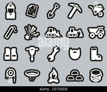 Gold Rush Oder Gold Mining Icons Weiß Auf Weiß Aufkleber Groß Einstellen Stock Vektor