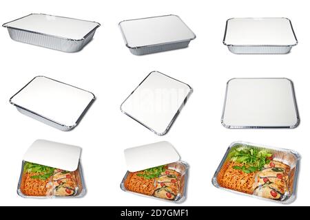 Metal Take Away Box für Backwaren Offen mit italienischen Speisen und geschlossen. Isoliert mit Beschneidungspfad Stockfoto