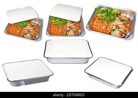 Metal Take Away Box für Backwaren Offen mit italienischen Speisen und geschlossen. Isoliert mit Beschneidungspfad Stockfoto