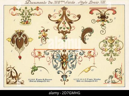 Designelemente und dekorative Motive aus der Rokoko-Ära Louis XIII., 17. Jahrhundert. 1-5 nach H. Janssen, 6-12 nach Michel Blondus. Chromolithographie von Ernst Guillot aus Elements d'Ornementation du XVIIem et XVIIIe Siecle, Ornamentelemente des 17. Und 18. Jahrhunderts, Renouard, Paris, 1890. Stockfoto