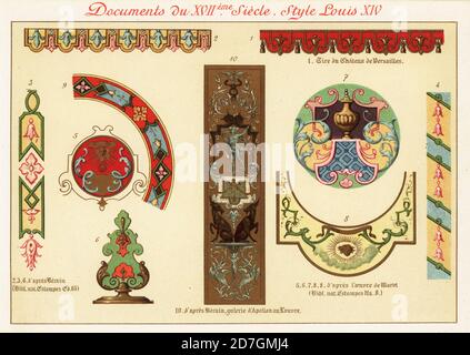 Designelemente aus der Rokoko-Ära von König Ludwig XIV., dem Sonnenkönig, 17. Jahrhundert. 1 aus Versailles, 2-4, 10 nach Jean Berain, 5-9 nach Werken von Daniel Marot, Chromolithographie von Ernst Guillot aus Elements d'Ornementation du XVIIme et XVIIIe Siecle, Elemente des Ornaments des 17. Und 18. Jahrhunderts, Renouard, Paris, 1890. Stockfoto