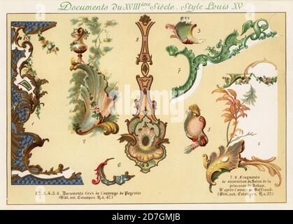 Designelemente aus der Zeit von König Ludwig XV., 18. Jahrhundert. 1-6 nach Entwürfen von Alexis Peyrotte, nach Entwürfen von Germain Boffrand im Salon von Prinzessin Louise de Rohan. Chromolithographie entworfen und lithographiert von Ernst Guillot aus Elements d'Ornementation du XVIIIe Siecle, Elements of Ornament of the 18th century, Renouard, Paris, 1890. Stockfoto