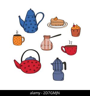 Teekanne und Tasse Sammlung. Tee Zeit Doodle Elemente. Flache Vektorgrafik Stock Vektor