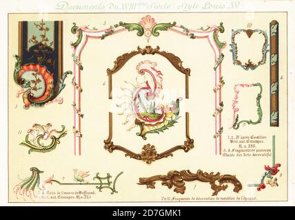 Designelemente aus der Zeit von König Ludwig XV., 18. Jahrhundert. 1,2 nach Francois de Cuvillies, 3,4 Fragmente von Tafeln Musee des Arts Decoratifs, 5,6 nach Germain Boffrand, 7-11 Fragmente von Möbeln der Zeit. Chromolithographie entworfen und lithographiert von Ernst Guillot aus Elements d'Ornementation du XVIIIe Siecle, Elements of Ornament of the 18th century, Renouard, Paris, 1890. Stockfoto