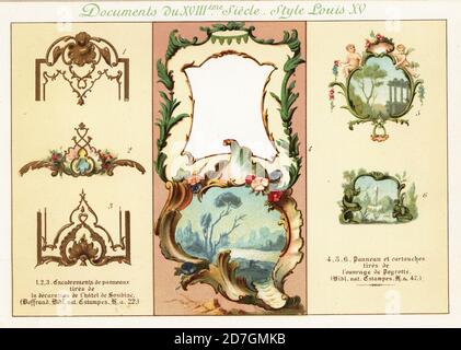 Designelemente aus der Zeit von König Ludwig XV., 18. Jahrhundert. 1-3 Paneele aus dem Hotel de Soubise von Germain Boffrand, 4-6 Paneele und Kartuschen von Alexis Peyrotte. Chromolithographie entworfen und lithographiert von Ernst Guillot aus Elements d'Ornementation du XVIIIe Siecle, Elements of Ornament of the 18th century, Renouard, Paris, 1890. Stockfoto