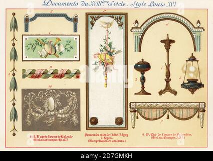 Designelemente aus der Zeit von König Ludwig XVI., 18. Jahrhundert. 1,8 nach Richard de Lalonde, 9,10 nach Henri Salembier, Tafel aus einem Zimmer im Hotel Regny in Lyon. Chromolithographie entworfen und lithographiert von Ernst Guillot aus Elements d'Ornementation du XVIIIe Siecle, Elements of Ornament of the 18th century, Renouard, Paris, 1890. Stockfoto