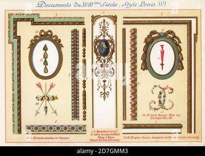 Designelemente aus der Zeit von König Ludwig XVI., 18. Jahrhundert. 1,2 Tafel und Türrahmen eines Zimmers im Hotel Regny, Lyon, 3-12 nach Dokumenten im Museum für Dekorative Künste, 13 nach Pouget, 14,15 Möbel der Epoche. Chromolithographie entworfen und lithographiert von Ernst Guillot aus Elements d'Ornementation du XVIIIe Siecle, Elements of Ornament of the 18th century, Renouard, Paris, 1890. Stockfoto