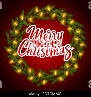 Fröhliche Weihnachtsschrift in Tannenzweigen Kranz mit leuchtender Girlande. Hintergrund mit glühenden Lichtern zur Begrüßung von Neujahrs- und Weihnachtskarten Stock Vektor
