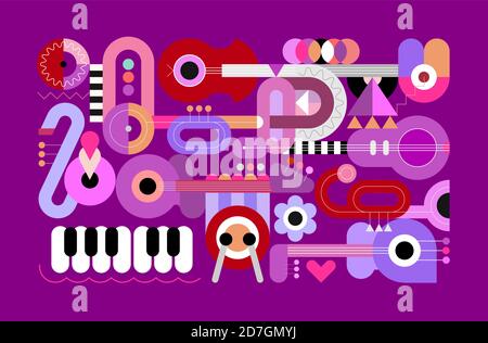 Geometrische Stil Vektor-Illustration von verschiedenen Musikinstrumenten isoliert auf einem violetten Hintergrund. Grafikdesign mit Gitarren, Trompeten, Sax, pian Stock Vektor