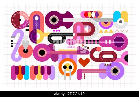 Geometrische Stil Vektor-Illustration von verschiedenen Musikinstrumenten auf einem Gitter. Grafikdesign mit Gitarren, Trompeten, Saxophon, Klavier und Schlagzeug. Zusammenfassung A Stock Vektor
