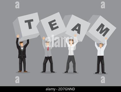 Angestellte, die Briefblöcke hochhalten, um das WORTTEAM zu bilden. Kreative Vektor-Illustration für das Konzept auf Menschen mit unterschiedlichster Herkunft wo Stock Vektor