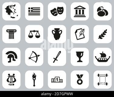 Griechenland Land & Kultur Ikonen Schwarz & Weiß Flat Design Groß Einstellen Stock Vektor