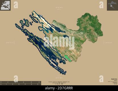 Zadarska, Kreis von Kroatien. Sentinel-2 Satellitenbilder. Form isoliert auf durchgehenden Hintergrund mit informativen Überlagerungen. Enthält modifizierten Copernicus Stockfoto