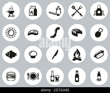 Grill Oder Grill Icons Black & White Flat Design Circle Groß Einstellen Stock Vektor