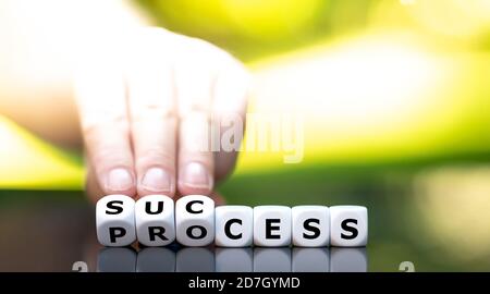 Hand dreht Würfel und ändert das Wort 'Prozess' in 'Erfolg'. Stockfoto