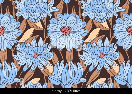 Im Herbst florales Nahtloses Muster. Blaue Chrysanthemen auf einem Kaffee-Hintergrund. Stock Vektor