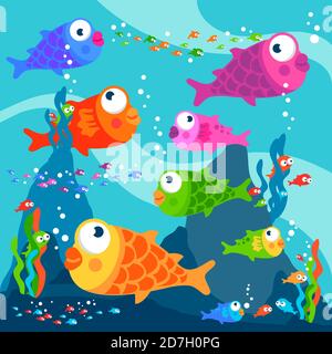 Bunte Fische schwimmen unter Wasser. Kleine süße Fische und Korallen unter dem Meeresboden im Meer. Lustige Zeichentrickfilme Meeresleben. Stockfoto