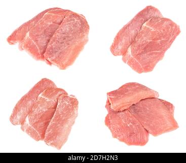 Сollage Scheibe rohes Schweinefleisch isoliert auf weißem Hintergrund. schnitzel. Steak. Filet Stockfoto